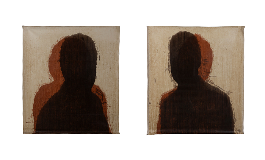 Two paintings of human silhouettes in dark brown tones